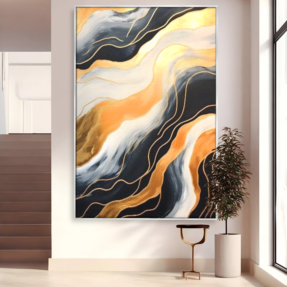 Tablou canvas cu pictura abstracta cu valuri aurii, in rama de aluminiu argintiu